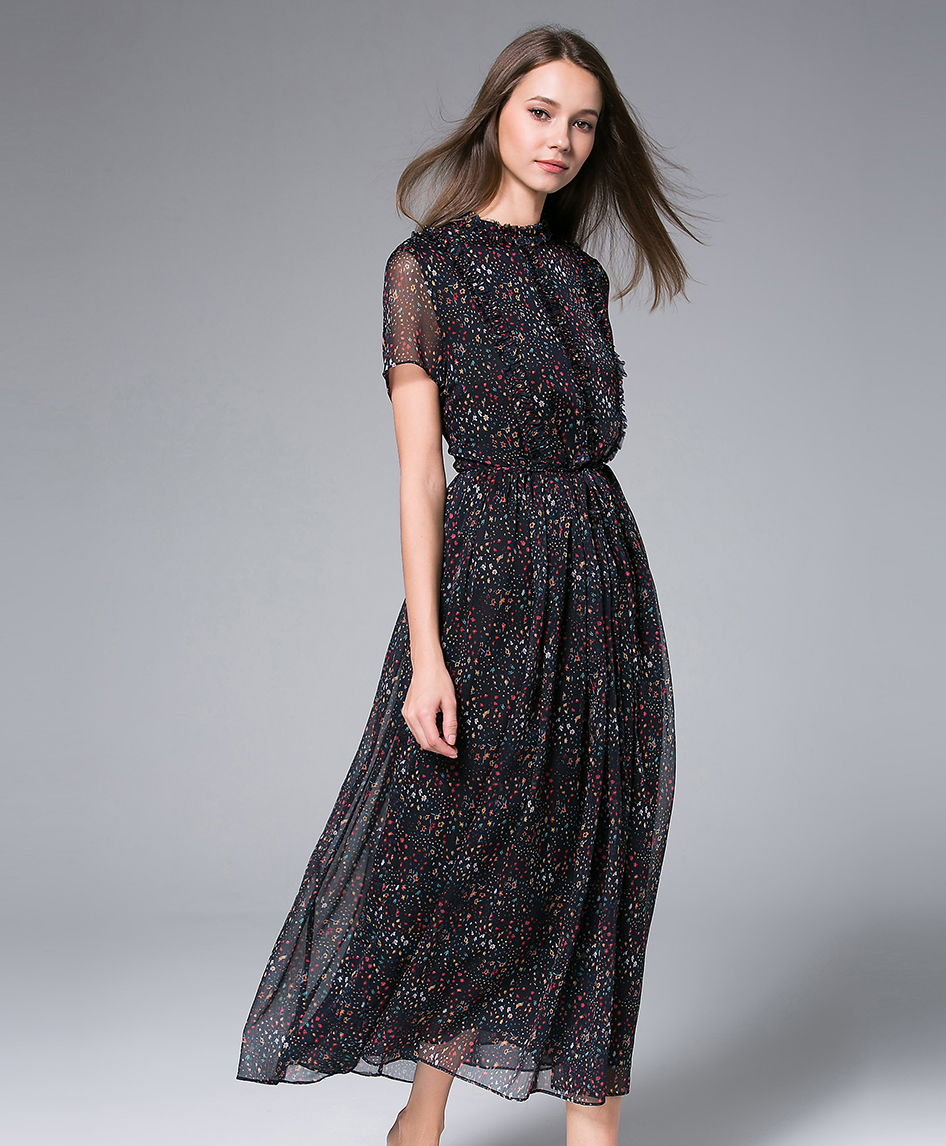 Dress - Black Printed Chiffon Maxi Dress